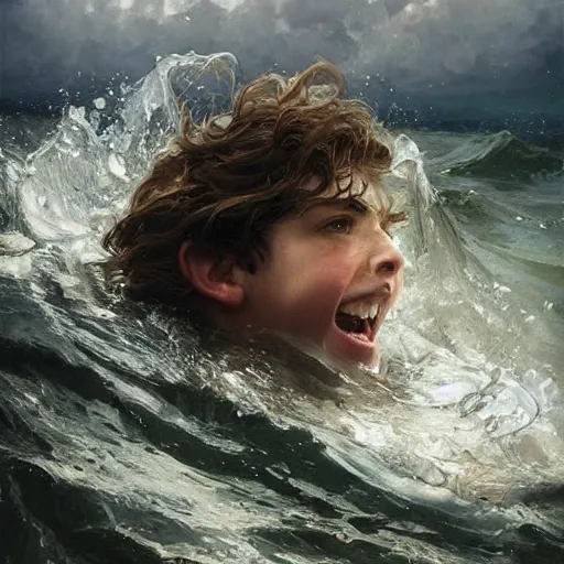 Image similar to epic battle brown haired boy summons a huge wave of water. photo realistic. realistic. extremely detailed. masterpiece. dramatic. rule of thirds. jc leyendecker. repin. ruan jia.