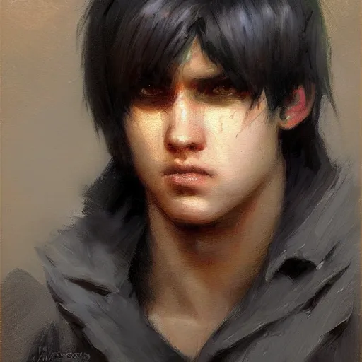 Image similar to A handsome, cute emo guy, close-up painting by Gaston Bussiere, Craig Mullins, trending on artstation, artstationHD, artstationHQ, artstation digital artwork