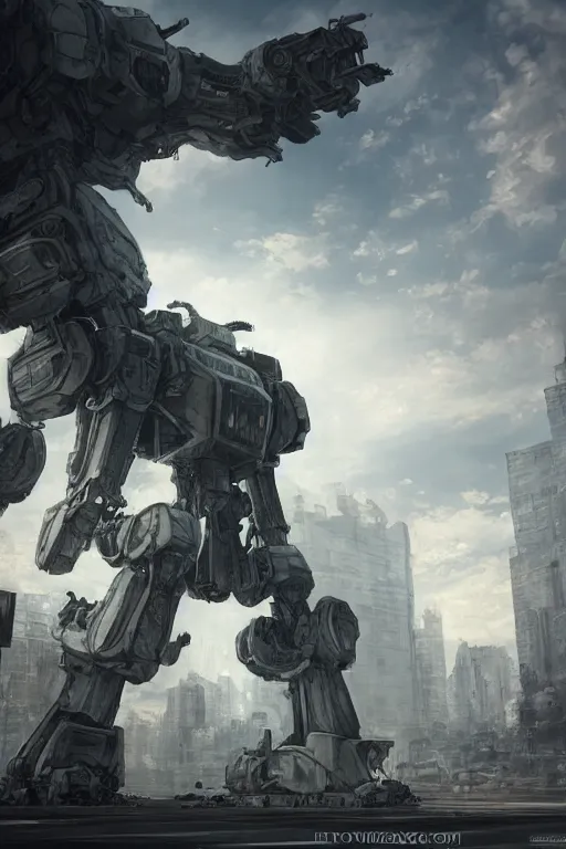 Image similar to ultra realist and ultra intricate detailed soft painting of a large mecha, standing in a post-apocalyptic street, sensual gloomy style, volumetric clouds, artstation, unreal render, depth of field