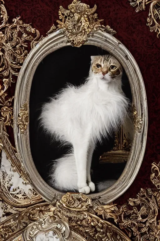 Image similar to a silver gelatin photo portrait of a royal cat, editorial photo from cat lovers magazine, outrageously fluffy, on an embroidered velvet cushion on a neo - rococo gilded little bed, photography, wide shot