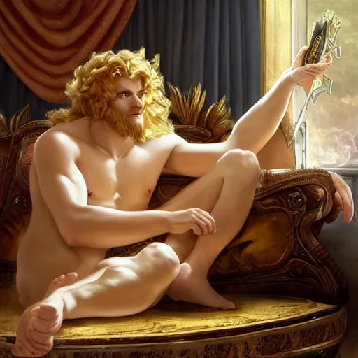 Prompt: Bacchus the pale blond Greek God league of legends on his day off, reclining on a lounge, long fluffy curly blond hair with Center parted curtain bangs, highly detailed, digital painting, artstation, concept art, golden ratio composition, smooth, sharp focus, illustration, ArtStation, art by artgerm and greg rutkowski and alphonse mucha and Edmund Blair Leighton and Charlie Bowater