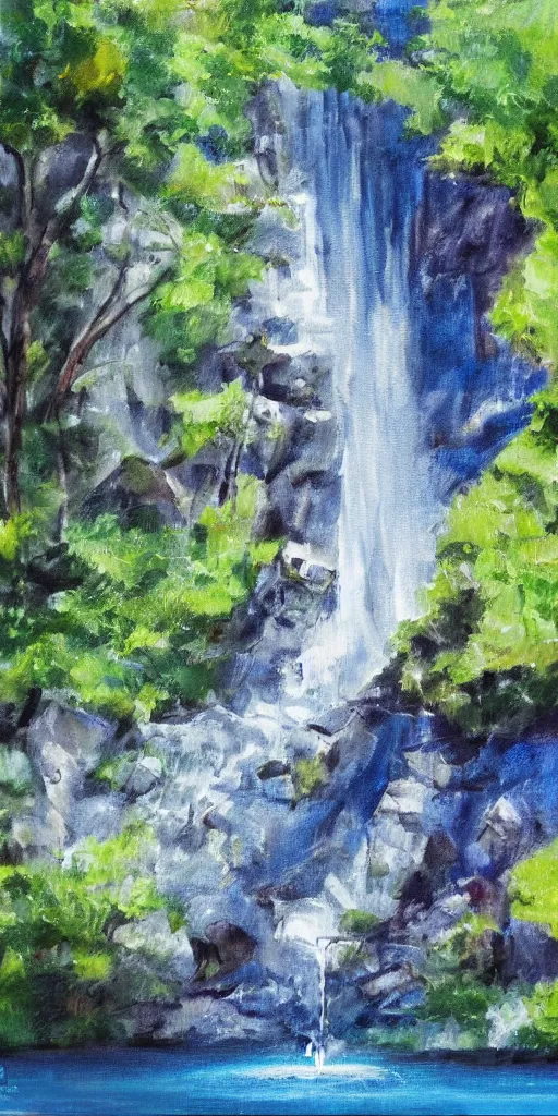 Image similar to water bottle being poured, the water coming out merges with a waterfall that is visible in the background, painting, sunny day