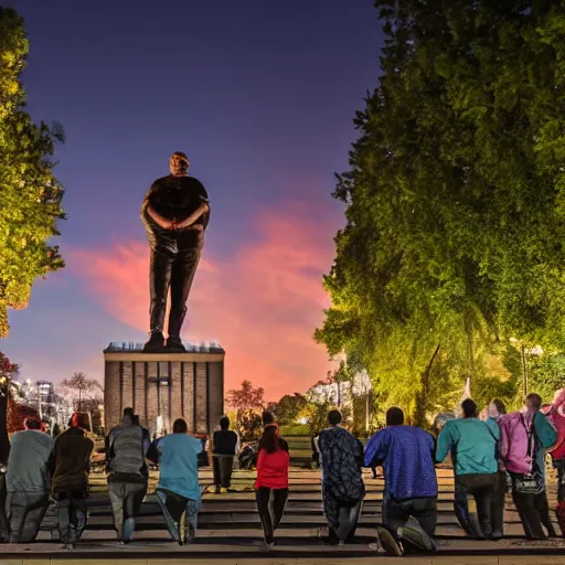 Prompt: People kneeling before a statue of the world's fattest man in a park, evening lit, photorealistic