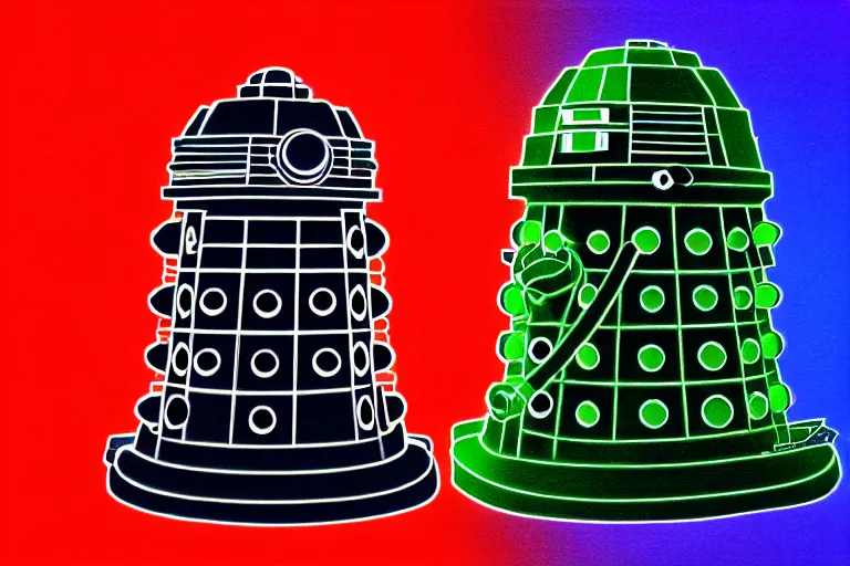 Image similar to daleks!, in the style of john avon and derek riggs and eva widermann, trending on artstation, halfrear lighting closeup view anaglyph filter, bokeh, anime, colored pencil art, belle epoque