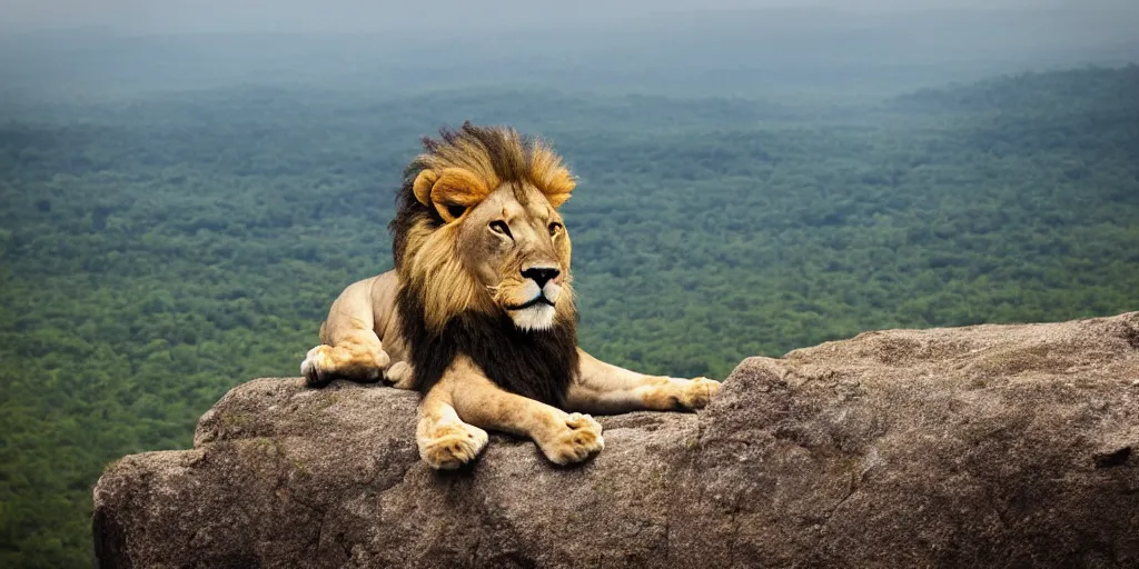 Image similar to hyperrealistic photo of a lion roaring on top of a rock over looking the jungle, 8 k