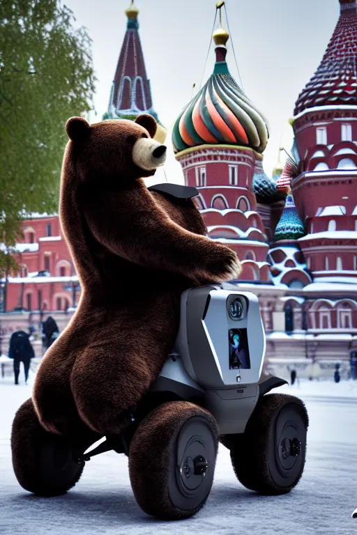 Image similar to a picture of putin ride robotic bear in moscow. - photorealistic, pullitzer winning, taken with canon eos 5 d mark iv, versatile, lens interoperability, autofocus, 4 k uhd video capture at 3 0 fps, 8 k time - lapse functions, by karah mew, jodie bateman