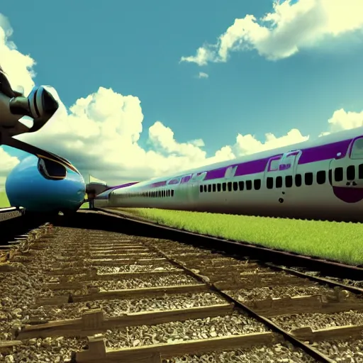 Prompt: An airplane with mechanical gyroscope and a train crashes into the back of it, vray maya 3D render still