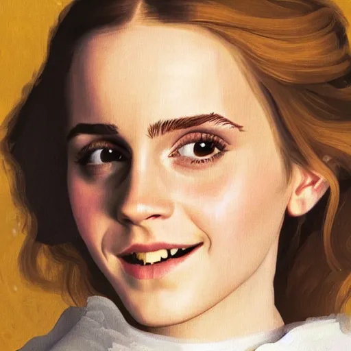 Image similar to Painting of Emma Watson as Hermione Granger. Smiling. Happy. Cheerful. Art by Vermeer. Extreme close up. Extremely detailed. Beautiful. 4K. Award winning.