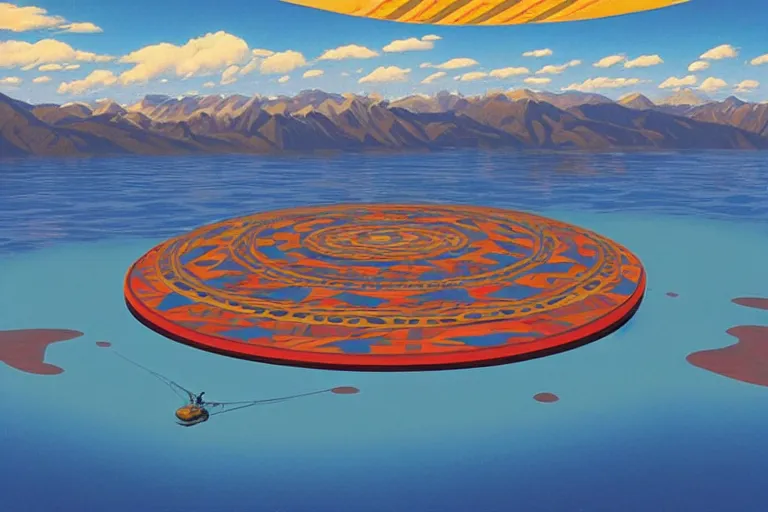 Prompt: a giant ((((metallic)))) floating sphere covered in canadian colorful aboriginal patterns!! hovering above a Yukon lake, (painted by Ralph McQuarrie), matte painting, very detailed, 7000 K, concept art