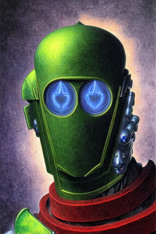 Prompt: portrait of beautiful gothic and futuristic young man, warhammer, cyber armor, a lot of scars, thunderstorm, blue head, red eyes, some green, the middle ages, highly detailed, artstation, illustration, more and more compostion, 8 k quality, art by rene magritte, jean delville