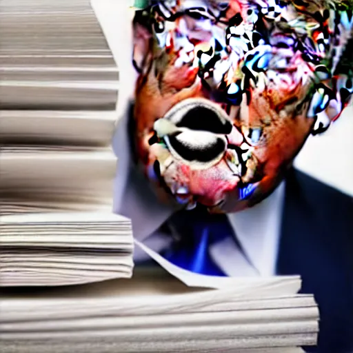 Image similar to candid portrait photo of president trump shoving a wad of paper into his mouth, eating stacks of paper, detailed portrait, 4 k, megapixel, sony a 7 s, f / 8, 2 4 mm lens, ap photo