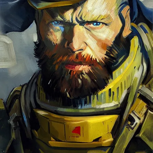 Image similar to greg manchess portrait painting of armored van gogh as overwatch character, medium shot, asymmetrical, profile picture, organic painting, sunny day, matte painting, bold shapes, hard edges, street art, trending on artstation, by huang guangjian, gil elvgren, ruan jia, randy vargas, greg rutkowski