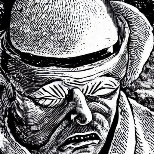 Prompt: old cowboy in the arctic whose face is melting to reveal an alien underneath, art by junji ito