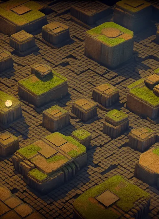 Image similar to isometric view, intricate video game level design of a planet surface with ancient structures, platforms, multiple levels, unreal engine, Arnold render, octane render, moody, night, highly detailed, volumetric lighting, glow