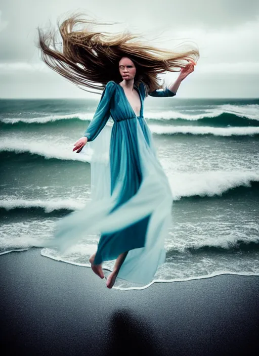 Prompt: cinestill 5 0 d portrait photo of a beautiful woman, britt marling 3 / 4, delicate, subsurface scattering, long hair floating in air in style of gilles zimmermann, 1 5 0 mm, windy mood, dress in voile, mute dramatic colours, soft blur outdoor stormy sea background, volumetric lighting, hyper detailed, hyper realistic