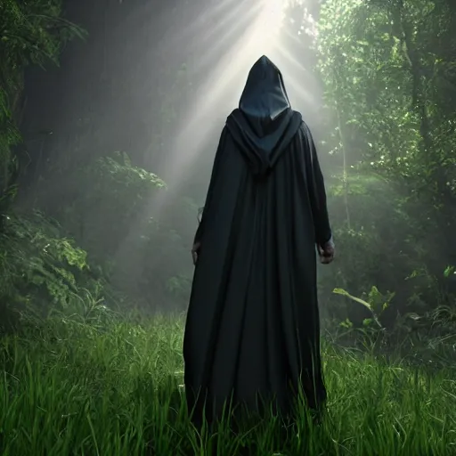 Image similar to a man wearing a long cloak and hood, walking through a lush jungle, realistic octane render, ray traced, god rays, extremely high detail