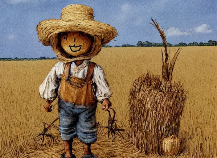 Image similar to a cute short and wide scarecrow with straw for hair and with a straw hat in overalls walking on a dirt road next to a large tall corn field, by tom lovell, ross tran, terry redlin, jean baptiste monge, beatrix potter, painterly