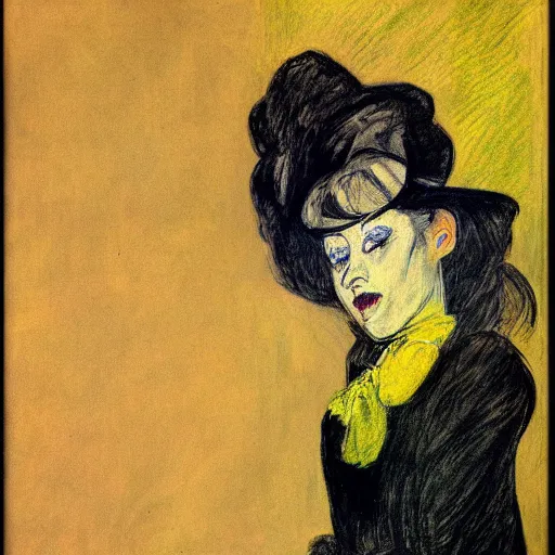 Image similar to beautiful woman, with long hair, black lips and yellow eyes, in the style of Toulouse-Lautrec photorealism 10K