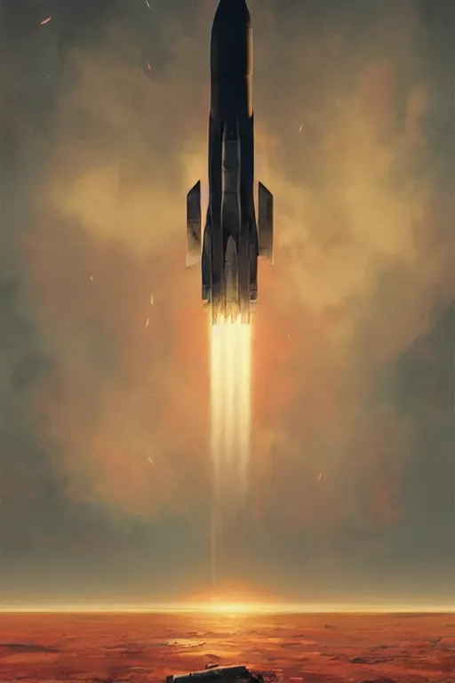 Image similar to poster artwork. distant rocket taking off. on the horizon. during golden hour. symmetry. washed out. desaturated. art by wlop, mars ravelo and greg rutkowski.