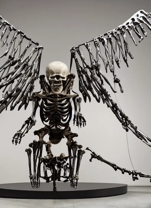 Prompt: the epic view of a human skeleton flying in a vulture skeleton sculpture in stainless steel by bernini, volummetric light