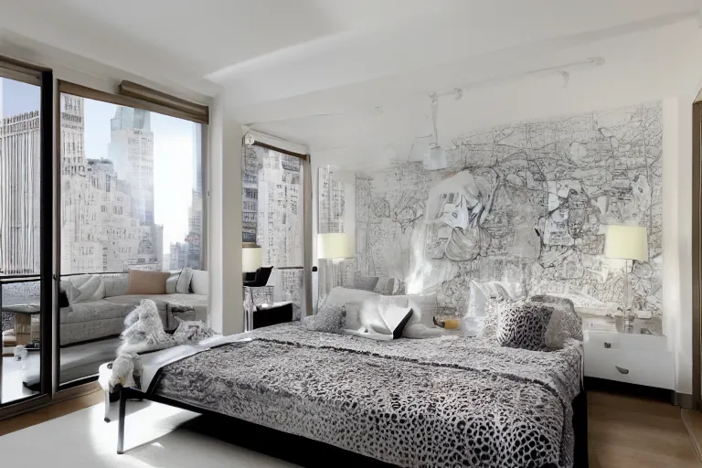 Image similar to A sunny bedroom, exquisite decoration, all New York Apartments style furniture, polar bear, high tech