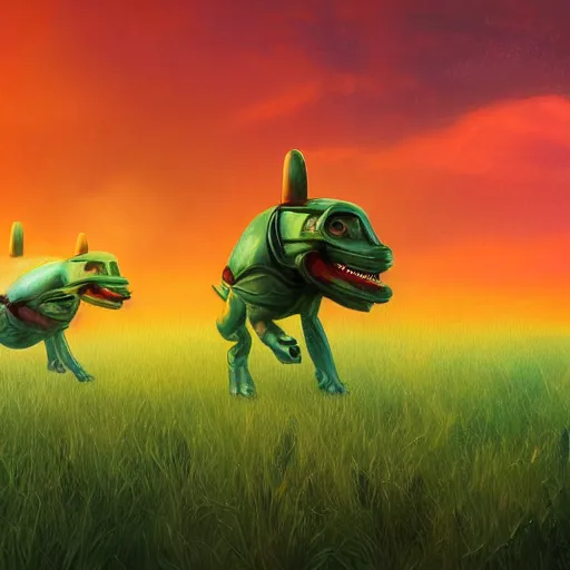 Prompt: retrofuturistic scifi painting of green alien dogs bounding through a sea of grass on a distant planet, red orange sky with dramatic clouds, artstation