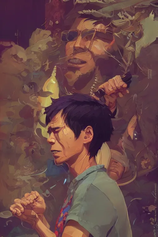 Prompt: portrait of a stoner, tooth wu, dan mumford, beeple, wlop, rossdraws, james jean, marc simonetti, artstation giuseppe dangelico pino and michael garmash and rob rey and greg manchess and huang guangjian and makoto shinkai