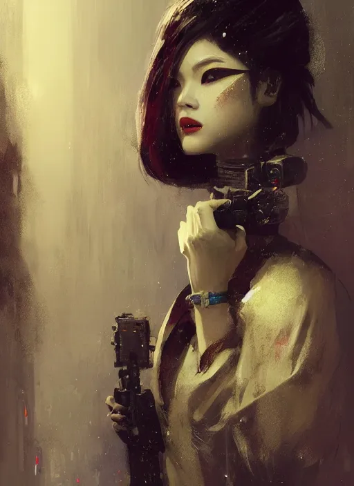 Image similar to female geisha girl, beautiful face, bladerunner, rule of thirds, intricate outfit, spotlight, by greg rutkowski, by jeremy mann, digital painting