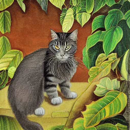 Image similar to a reneissance painting of a maincoon cat among big green leaves, very detailed, in the style of mantegna