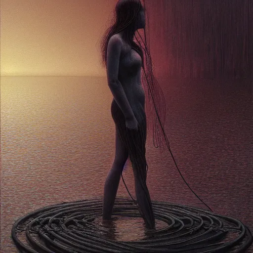 Image similar to portrait, standing in a lake, woman wrapped around by tubes and cables, cult, glowing red, by edgar maxence and ross tran, zdzisław beksinski, and michael whelan, distant, gustav dore, h. r. giger, 8 k, octane render