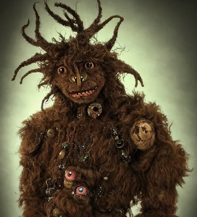 Prompt: hyper realistic photography of cyborg hairy fluffy muppet show elf goblin monster glass beads clay amulets, full body, cinematic symmetric dark _ crystal, brian froud, alan lee, jean baptiste monge, scott radke