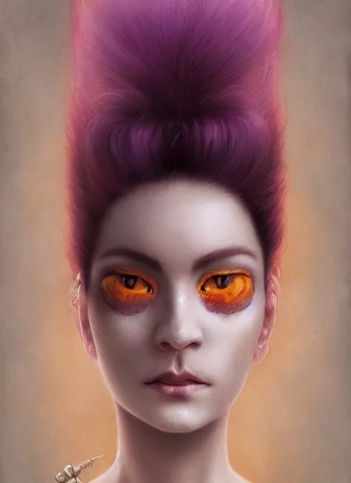 Prompt: a detailed facial portrait of a female nekomata with purple hair and orange eyes, a beautiful face, mutation, by tom bagshaw, by dorian cleavenger, zdzisław beksinski, bastien lecouffe - deharme trending on artstation