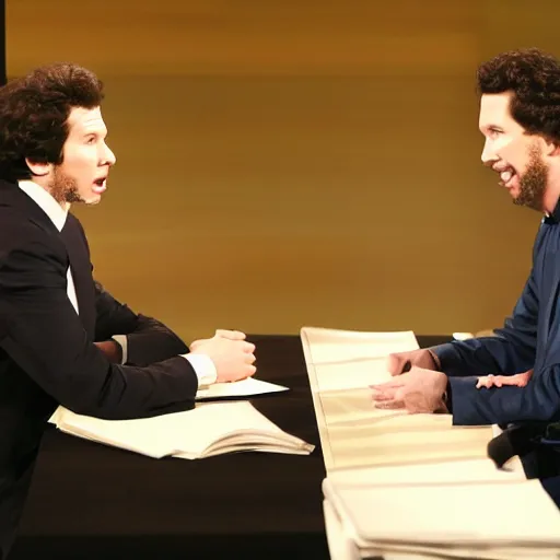 Image similar to theologian john calvin and joel osteen in a televised debate,