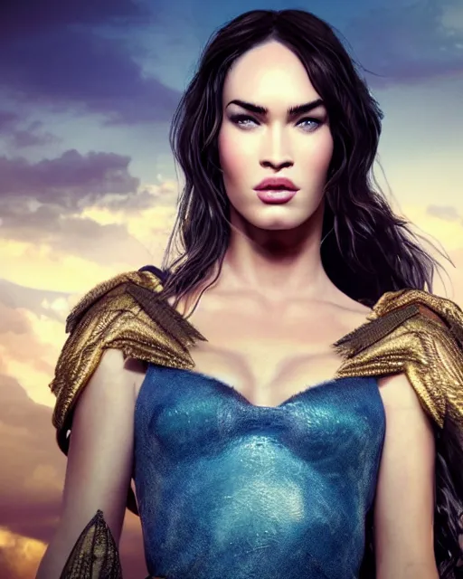 Image similar to megan fox as a Greek goddess in the sky, detailed face, realistic face, highly detailed, sharp, 4k, hd, octane render