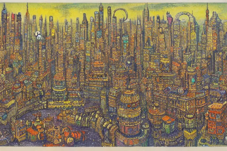 Image similar to victorian scifi cityscape by Louis Wain (1920)