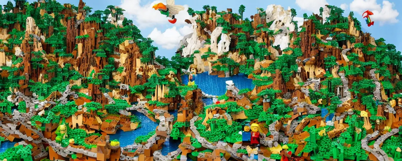 Image similar to Medieval beautiful enchanted landscape with trees, flourishing nature, lakes and waterfalls, made of LEGO, in the style of LEGO