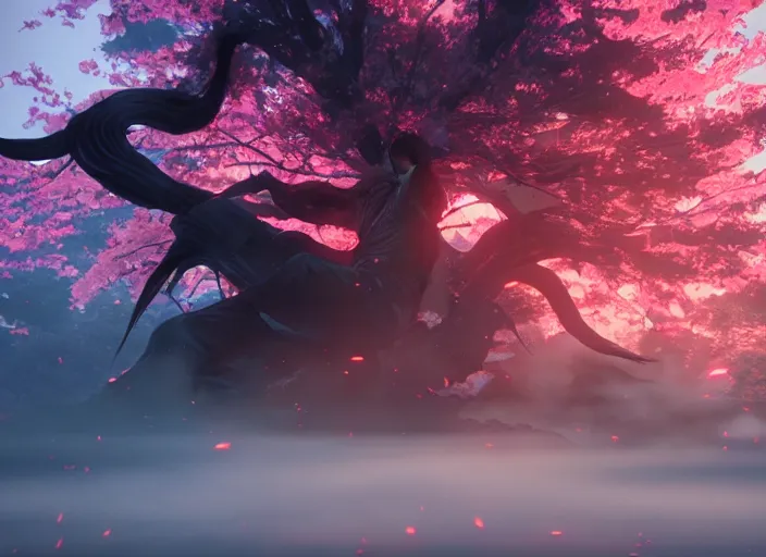 Image similar to itachi using susanoo, ultra realistic 4 k unreal engine very cinematic render with ray tracing bloom ambient occlusion strong reflections depth of field fog