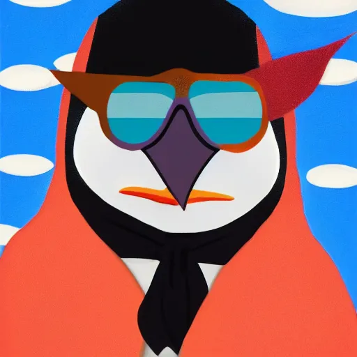 Prompt: selfie of a groovy penguin in a suit, blue penguin, hair, godfather, symmetrical, dark background, smoke, realistic, highly detailed, trending on artstation,