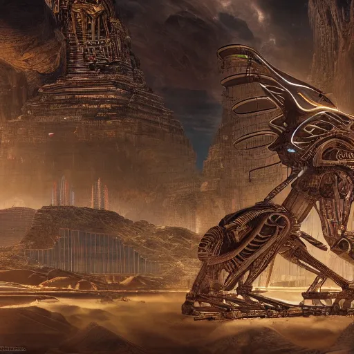 Image similar to a scene of the beautiful intricate epic futuristic cybernetic sphinx from a distance, hyper detailed, cinematic lighting