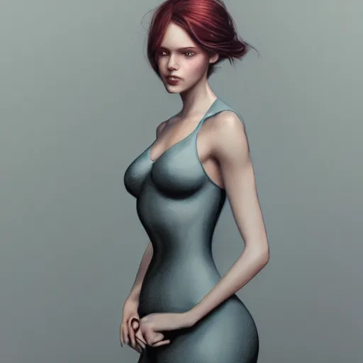 Image similar to young female wearing a full tight curvy long dress, professionally retouched, perfect blue eyes, ultra realistic soft painting, floating long hair, soft facial traits, perfectly detailed linework, symmetrical accurate intricate features, highly detailed, artstation, sharp focus, tom bagshaw