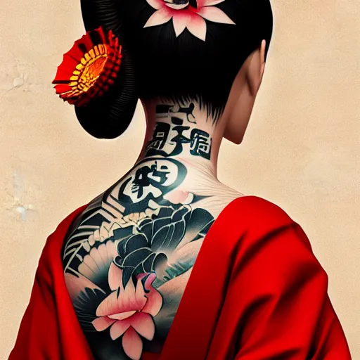 Image similar to an android geisha in a lotus position wearing a flowing kimono and tattoos, octane render, unreal engine, 8 k, cinematic, artwork by ilya kuvshinov