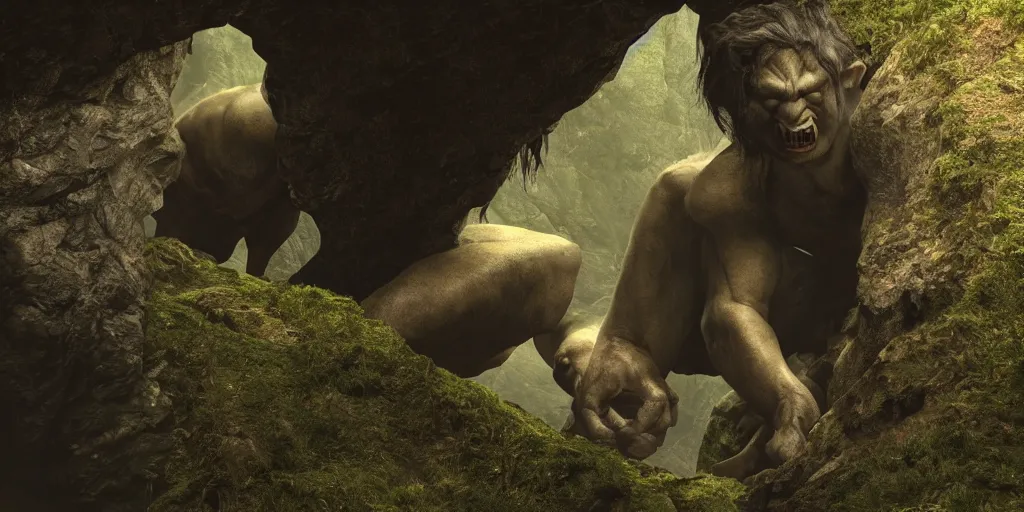 Image similar to a giant cave troll in the style of lord of the rings, 8 k, moody lighting, shallow depth of field,