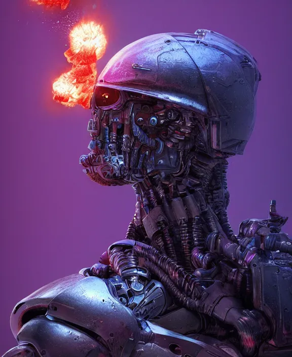 Image similar to an upper body portrait of a cyborg soldier burning with purple fire, by hr giger and beksinski and stephan martiniere, 4 k resolution, detailed, 3 d render, unreal engine, octane render, trending on artstation