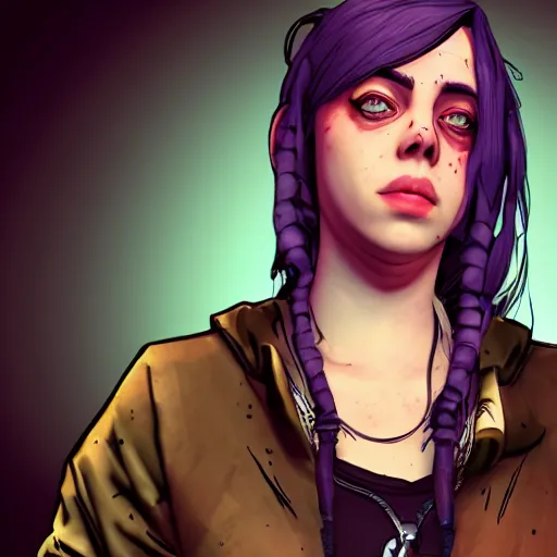 Image similar to billie eilish portrait, borderlands, tales from the borderlands, the wolf among us, comic, cinematic lighting, studio quality, 8 k