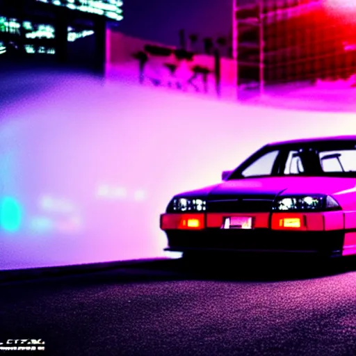 Image similar to a car JZX100 at illegal car meet, Saitama prefecture, city sunset mist neon lights, cinematic color, photorealistic, highly detailed, 50MM