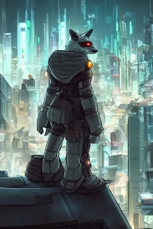 Image similar to a cyberpunk anthropomorphic fox with a fluffy tail staring over a futuristic city from the top of a roof, comic art, trending on furaffinity, cyberpunk, backlighting, cartoon, by kawacy