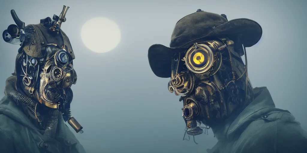 Image similar to gamekeeper wearing a steampunk and neonpunk mechanical fluorescent mystical animal mask in strange misty estuary landscape, night, realism, 4 k, octane render, award winning photograph, epic cinematic shot, perfectly defined features, ambient occlusion