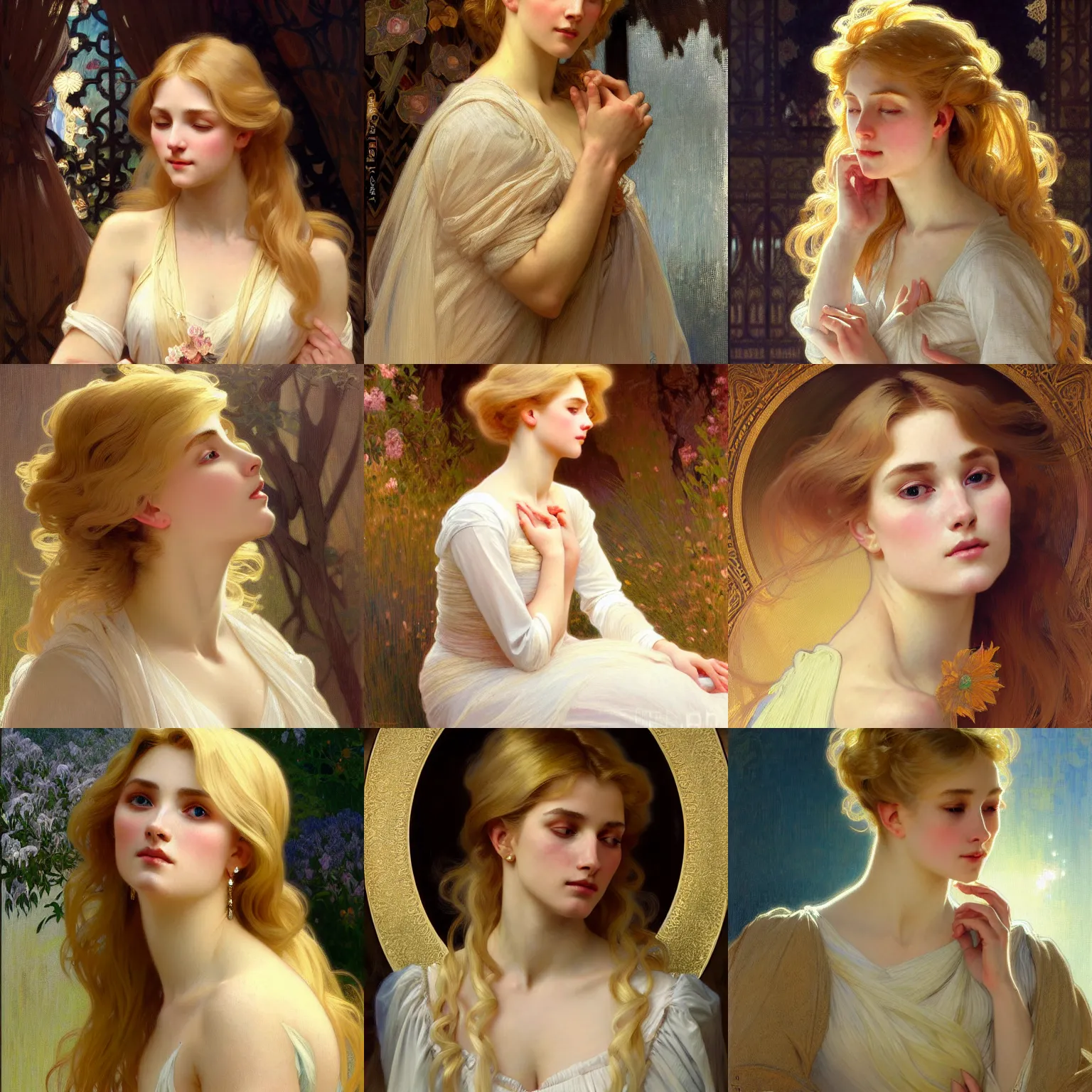 Prompt: painted portrait of a shy wife blessed by god with ever - increasing intelligence beauty and virtue. blonde, modest voluminous holy body, light effect. feminine, powerful, in clothes! intricate, elegant, highly detailed, digital painting, artstation, concept art, smooth, sharp focus, illustration, art by gaston bussiere and alphonse mucha