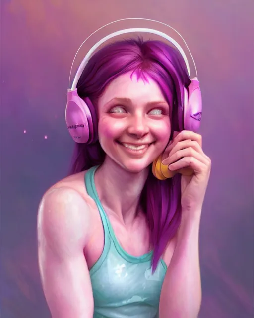 Prompt: cute female gamer smiling, perfect face, pink headphones, purple halter top, ginger hair, abs, cinematic, stunning, athletic, strong, agile, highly detailed, psychedelic, digital painting, artstation, smooth, hard focus, illustration, art by jessica rossier and and brian froud
