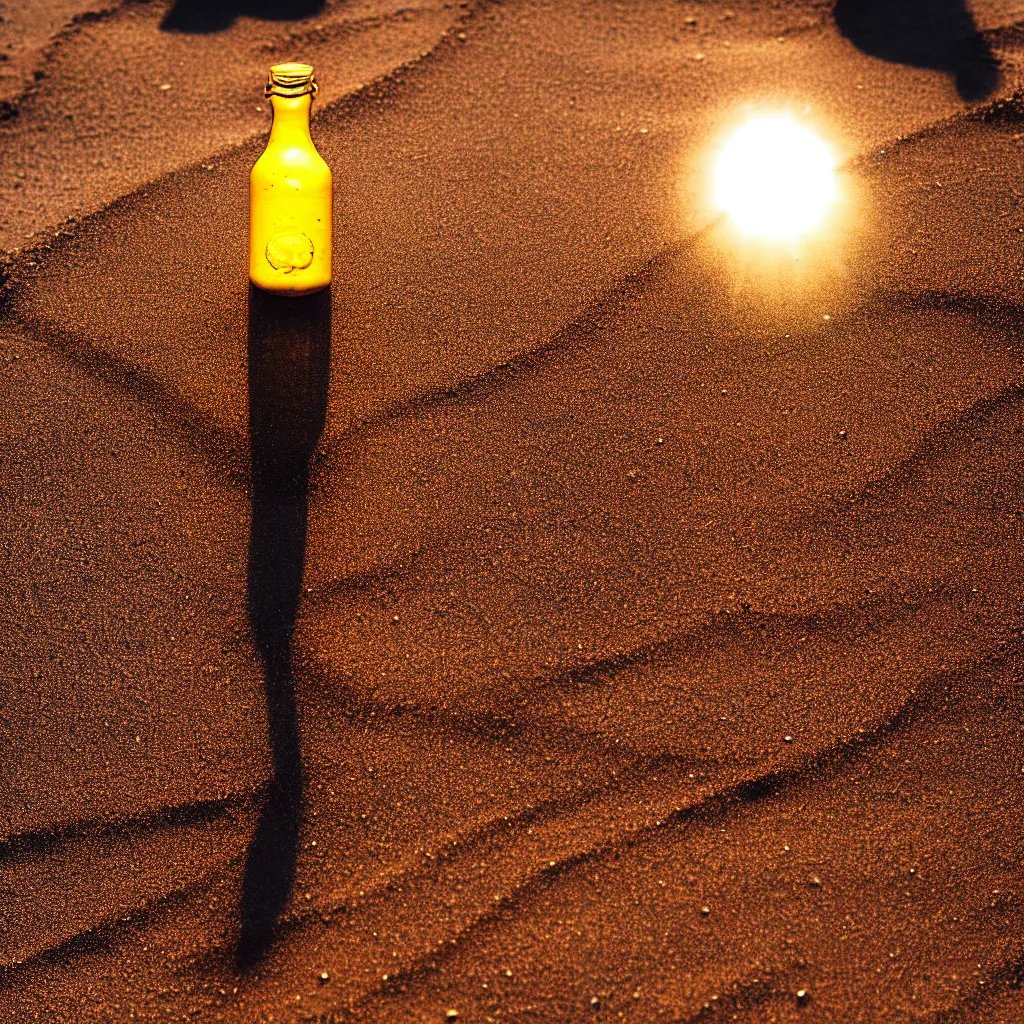 Prompt: A close up photo of a glass bottle sitting in the sand with the sun shining through it